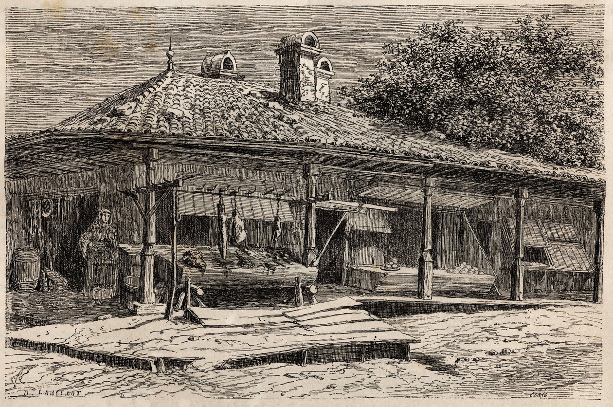Eine Metzgerei und eine Bäckerei in Bukarest (Rumänien). Gravur zur Illustration der Reise von Paris nach Bukarest von Lancelot, Designer, im Jahr 1860, in „Le tour du monde, nouveau journal des voyages“, herausgegeben von Edouard Charton von Dieudonne Auguste Lancelot