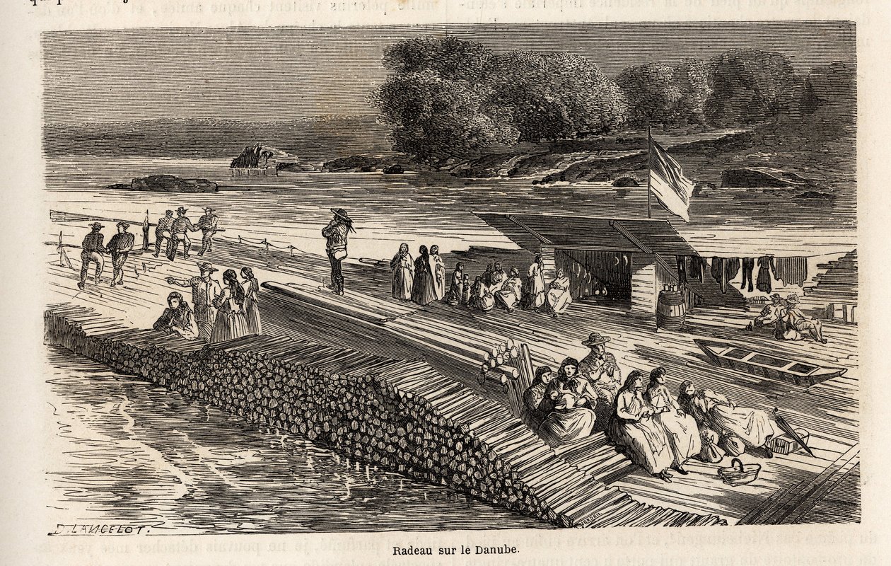 Ein Holzfloß auf der Donau, zum Transport von Waren und Personen, Zeichnung von Lancelot, zur Illustration von Victor Duruy