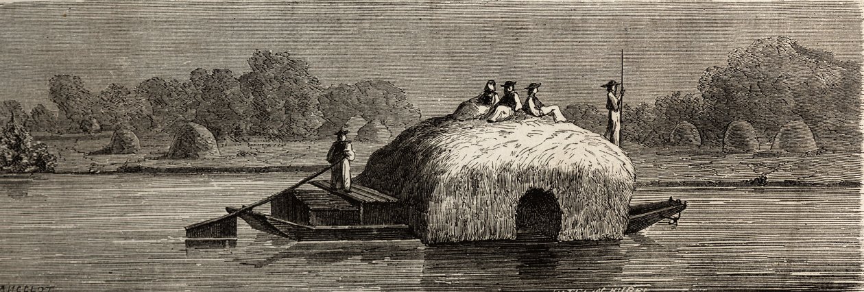 Schneiden, Ernten und Transportieren von Futter am Ufer der Donau. Zeichnung von Lancelot, zur Illustration seiner Reise von Paris nach Bukarest im Jahr 1860. Gravur in „Le tour du monde“, herausgegeben von Edouard Charton von Dieudonne Auguste Lancelot