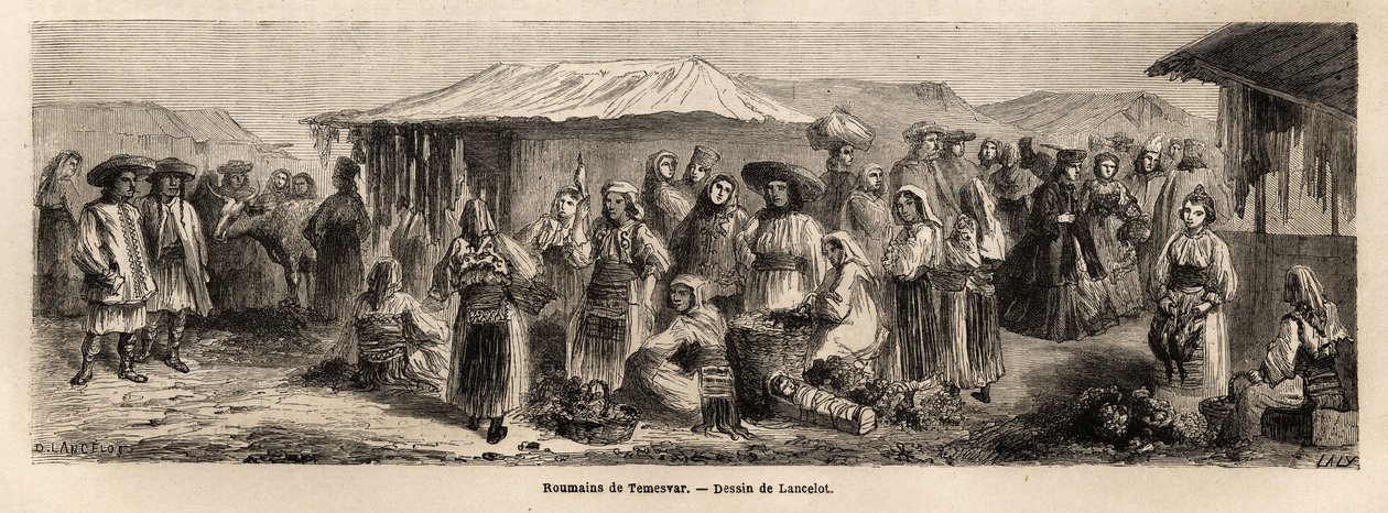 Die gehende Bevölkerung von Tesmevar (oder Timisoara) in Rumänien. Gravur zur Illustration der Reise von Paris nach Bukarest, von Lancelot, Zeichner, 1860, veröffentlicht in „Le tour du monde, nouveau journal des voyages“, unter der Leitung von Edouard Cha von Dieudonne Auguste Lancelot