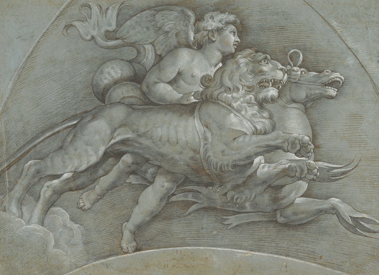 Ein geflügelter Putto reitet auf einem Seepferdchen und einem Löwen nach Raphael von Dionisio Calvaert
