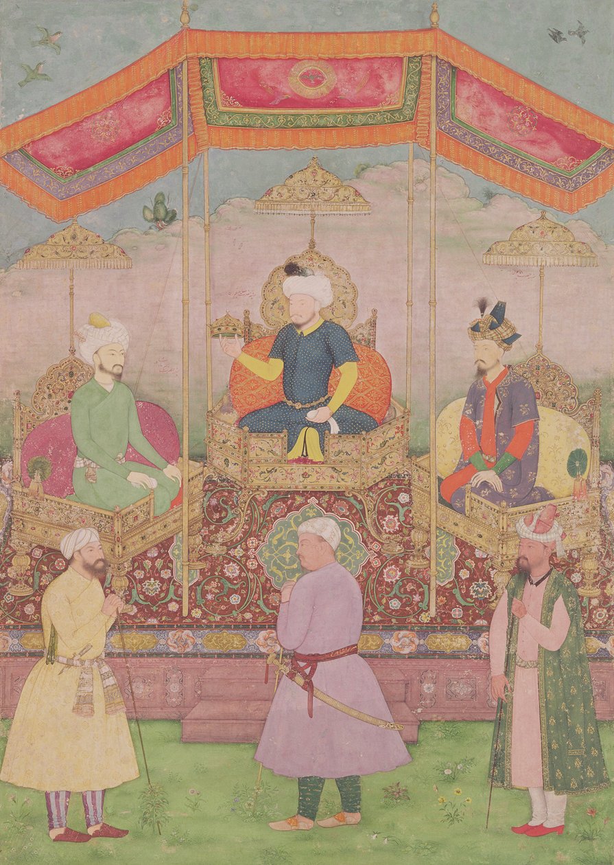 Mogul-Kaiser Babur und sein Sohn Humayun, indische Miniatur aus Rajasthan, 16. Jahrhundert von Dip Chand