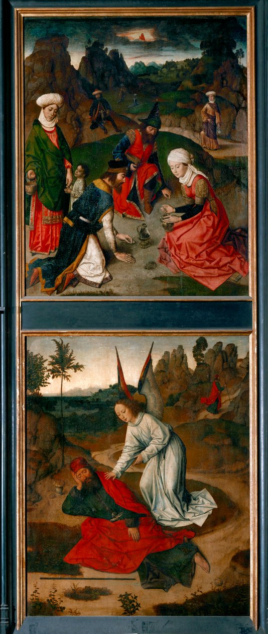 Altar des Letzten Abendmahls, rechter Flügel: oben: das Sammeln von Manna in der Wüste unten: der Engel weckt den Propheten Elia von Dirck Bouts