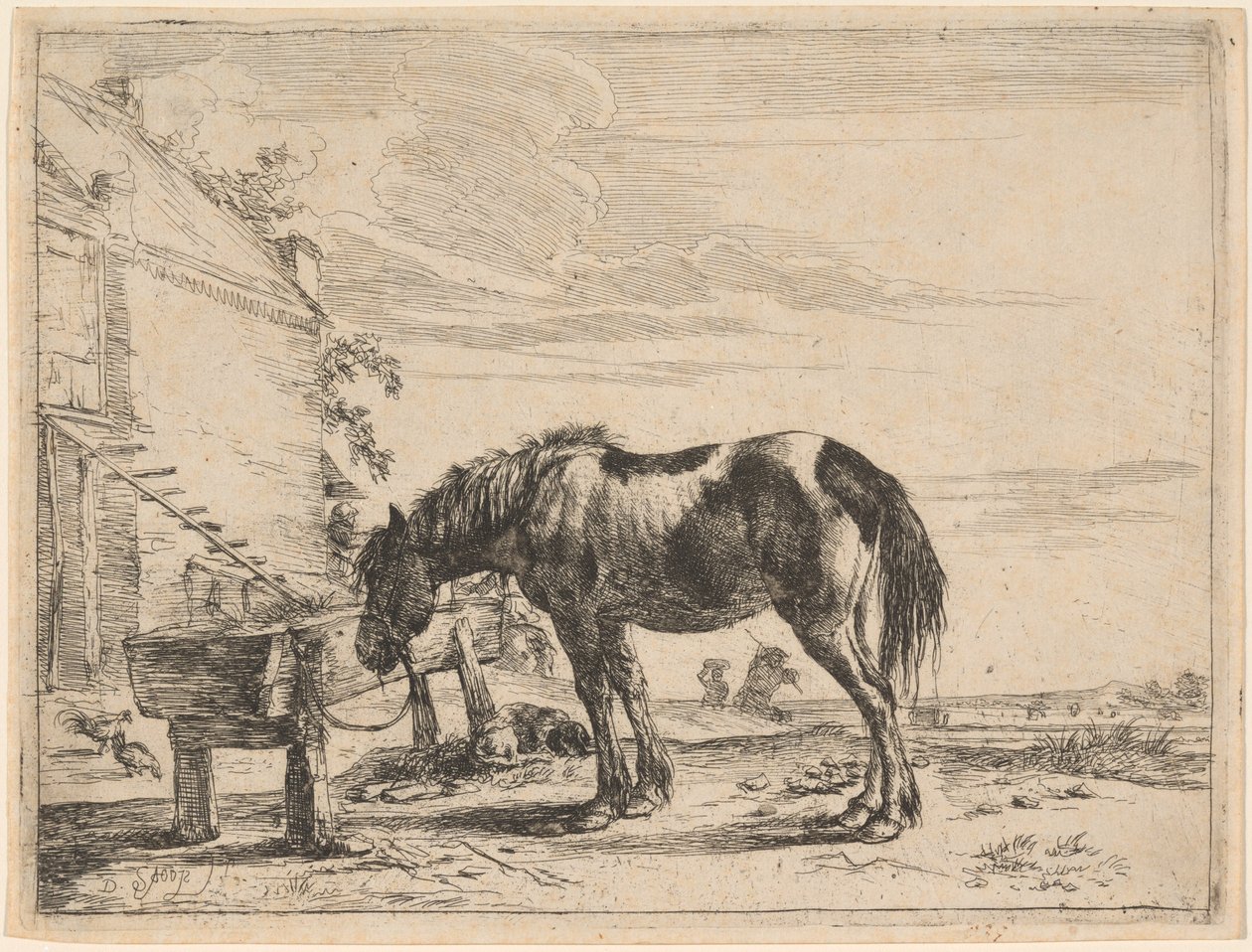Ein Pferd an eine Futterkrippe gebunden von Dirck Stoop