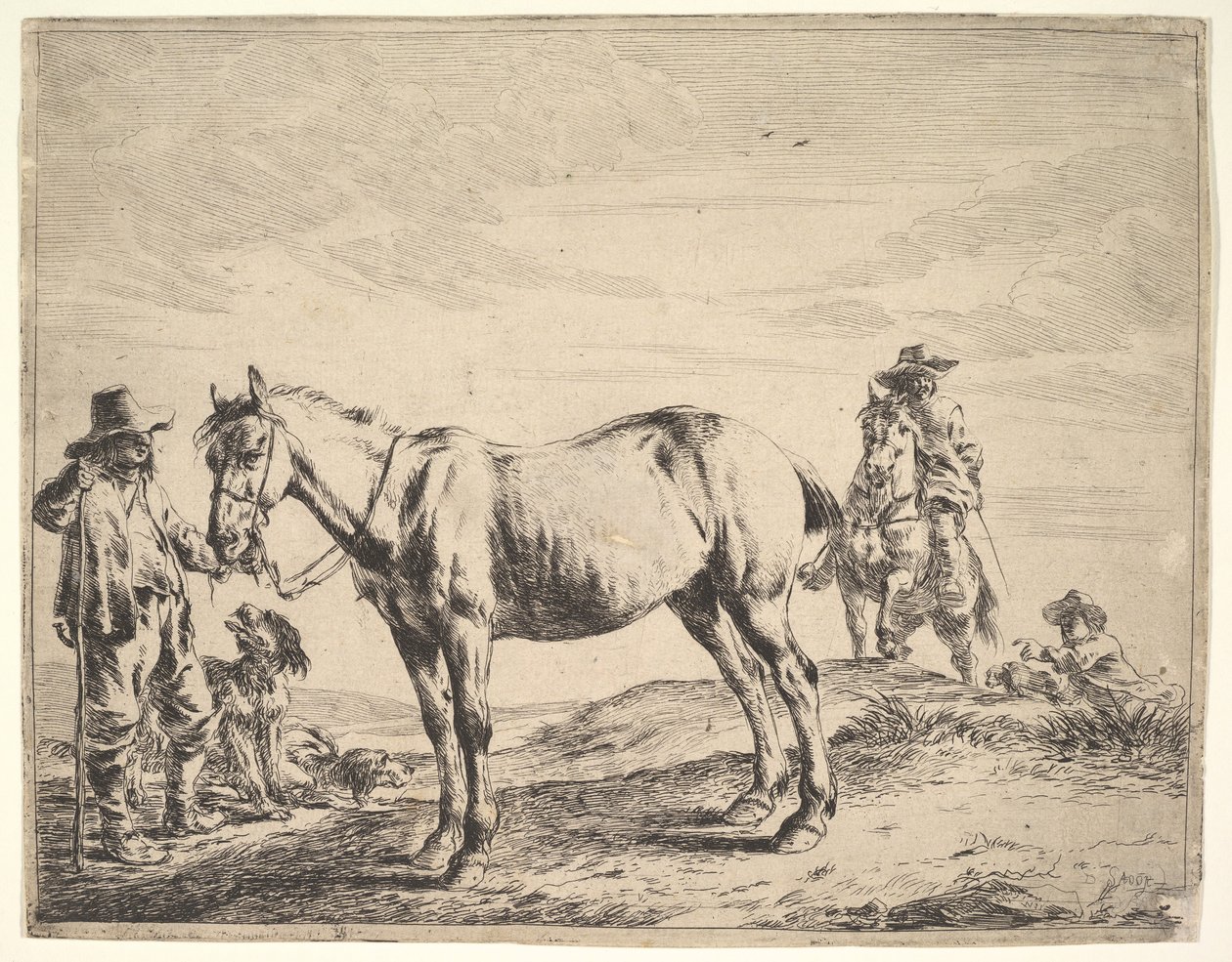 Mann hält ein Pferd am Zügel von Dirck Stoop