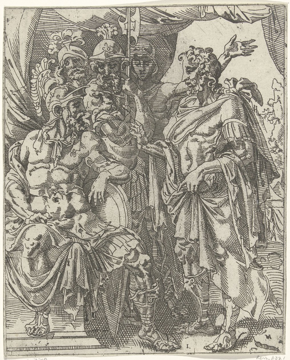 Achior erzählt Holofernes von den Israeliten von Dirck Volckertsz. Coornhert (attributed to)