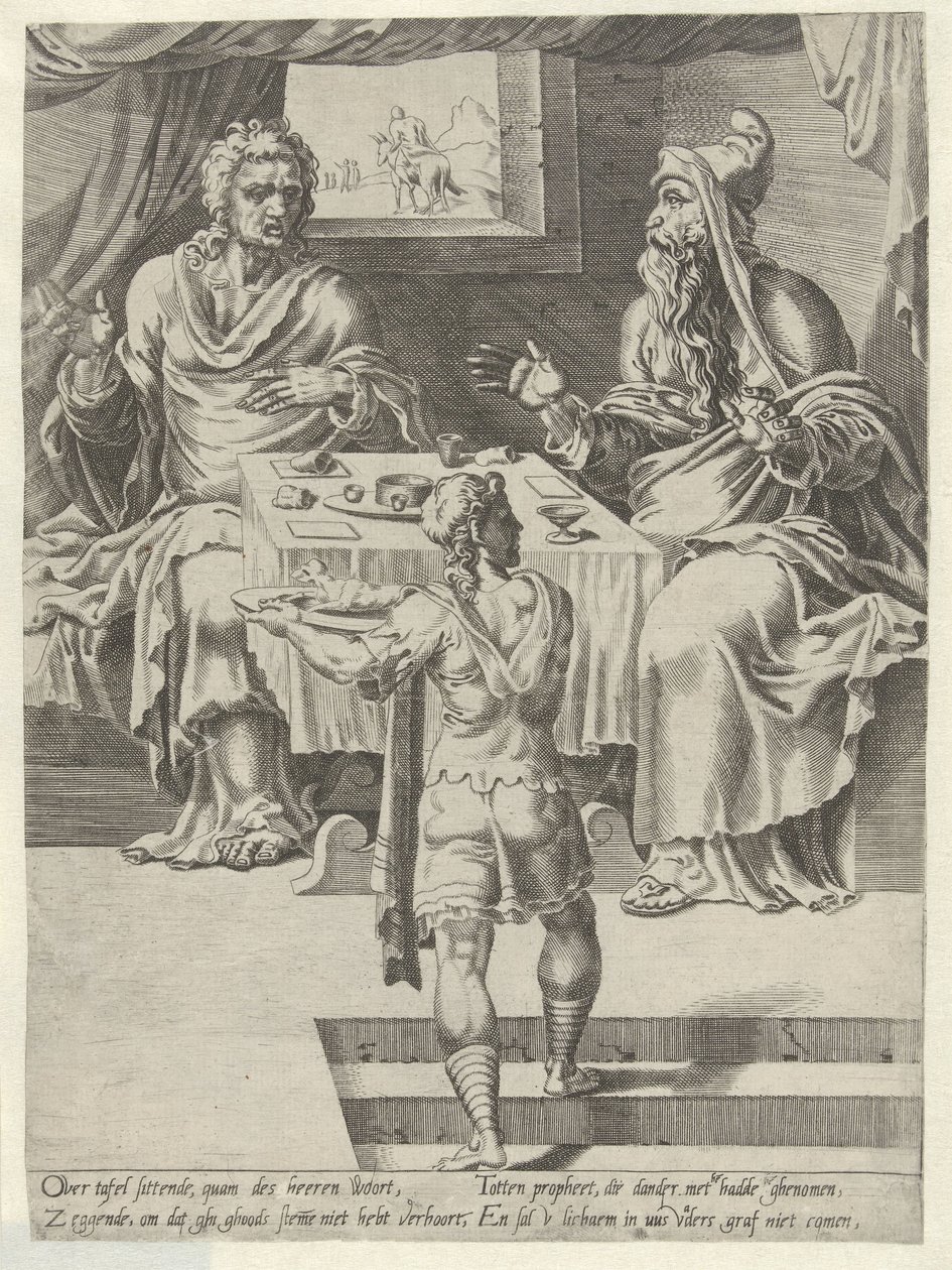 Mahlzeit des Gottesmannes und des alten Propheten von Dirck Volckertsz. Coornhert (attributed to)