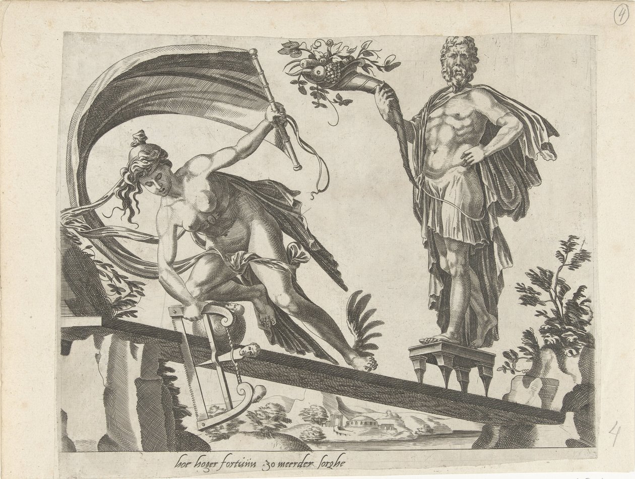 Kein Schild schützt vor Unglück; Je größer dein Glück, desto größer dein Kummer
Sprichwörter über Fortuna von Dirck Volckertsz. Coornhert (attributed to)