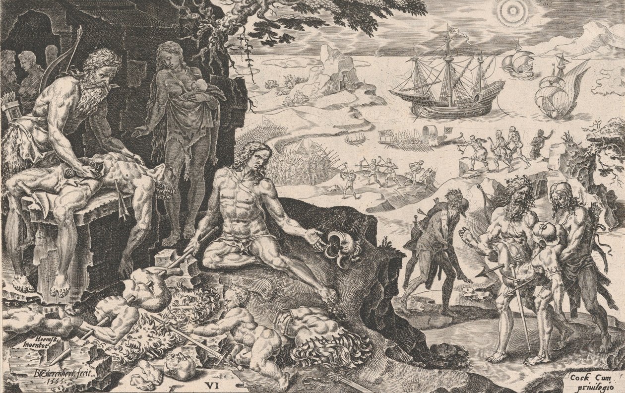 Die kaiserlichen Truppen bringen Zivilisation zu den Indianern, aus Die Siege des Kaisers Ch..., 1555 von Dirck Volkertsen Coornhert