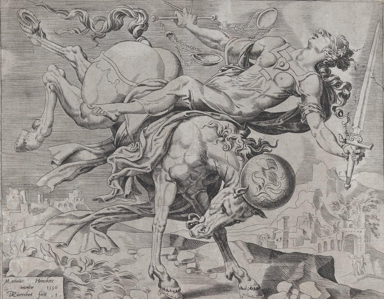 Die Welt verteilt die Gerechtigkeit, aus Die ungebändigte Welt, Platte 1, 1550 von Dirck Volkertsen Coornhert