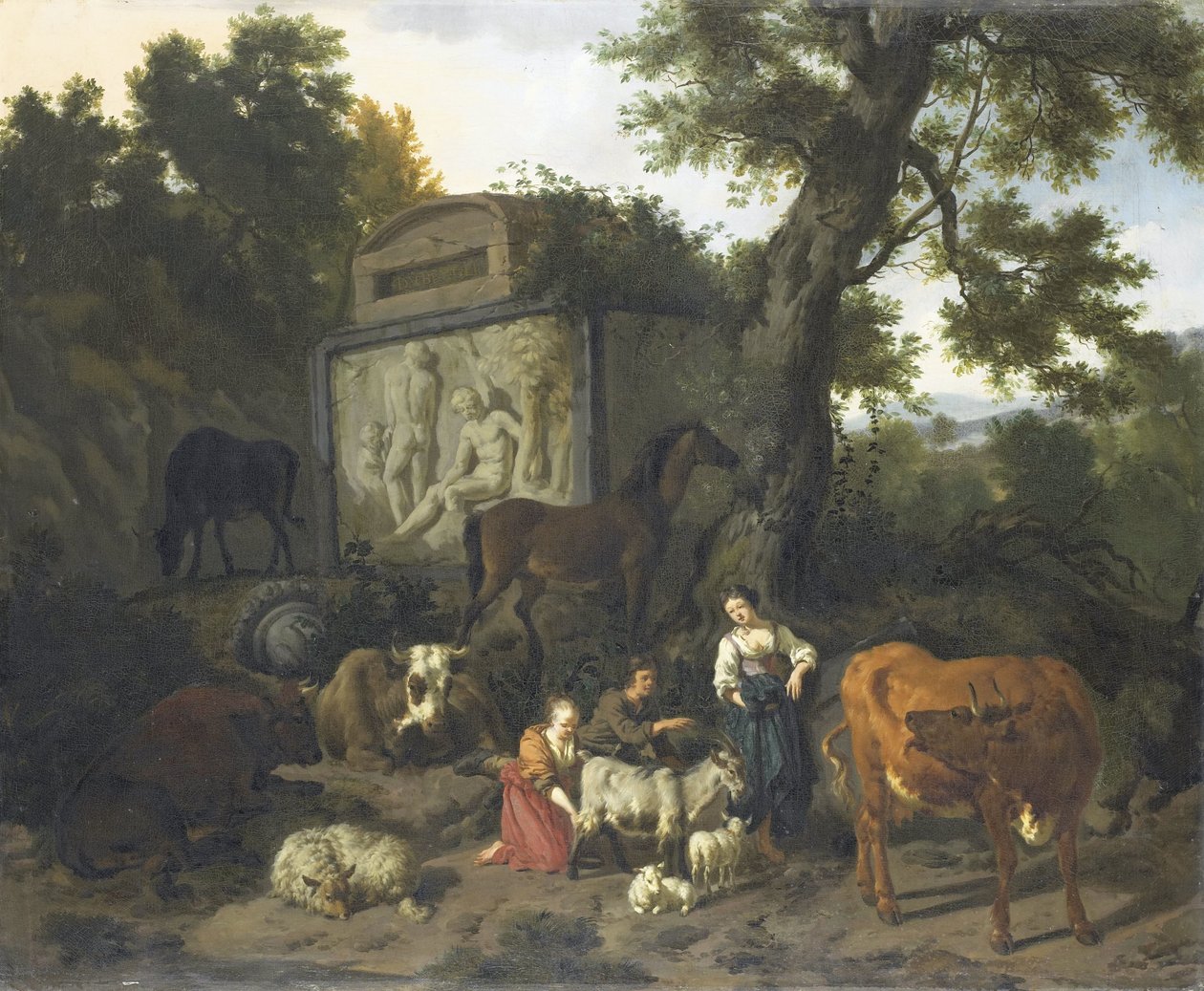 Landschaft mit Hirten und Vieh in der Nähe eines Grabmals von Dirck van Bergen