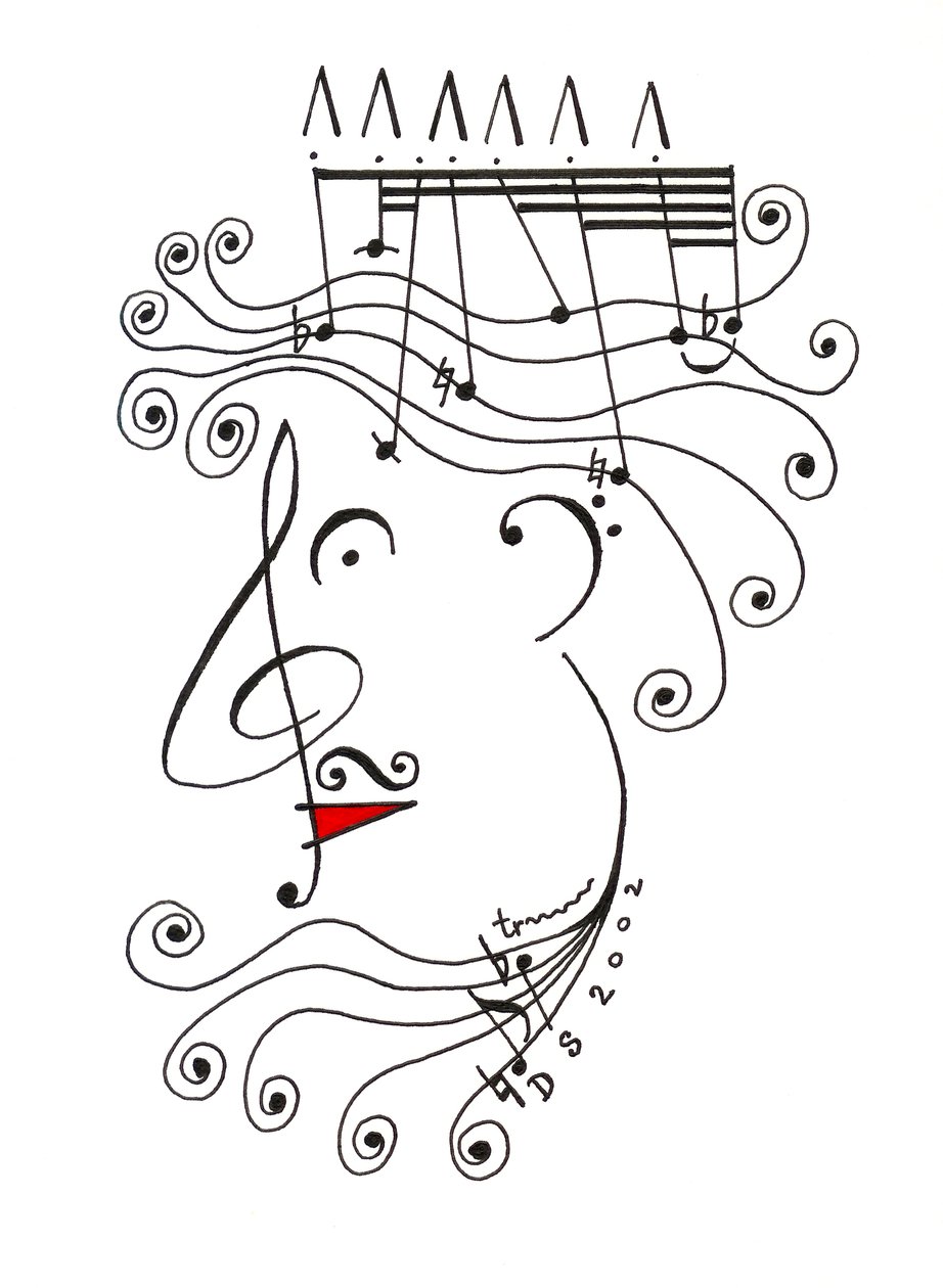 König der Musik - eine Karikatur eines Kopfes mit einer Krone, gezeichnet mit musikalischer Notation von Dmitri Smirnov
