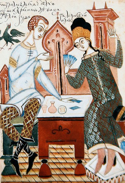 Gemälde aus einer Reihe von vier Illustrationen zu einem Gedicht über die Brautwerbung von Dmitry Stelletsky