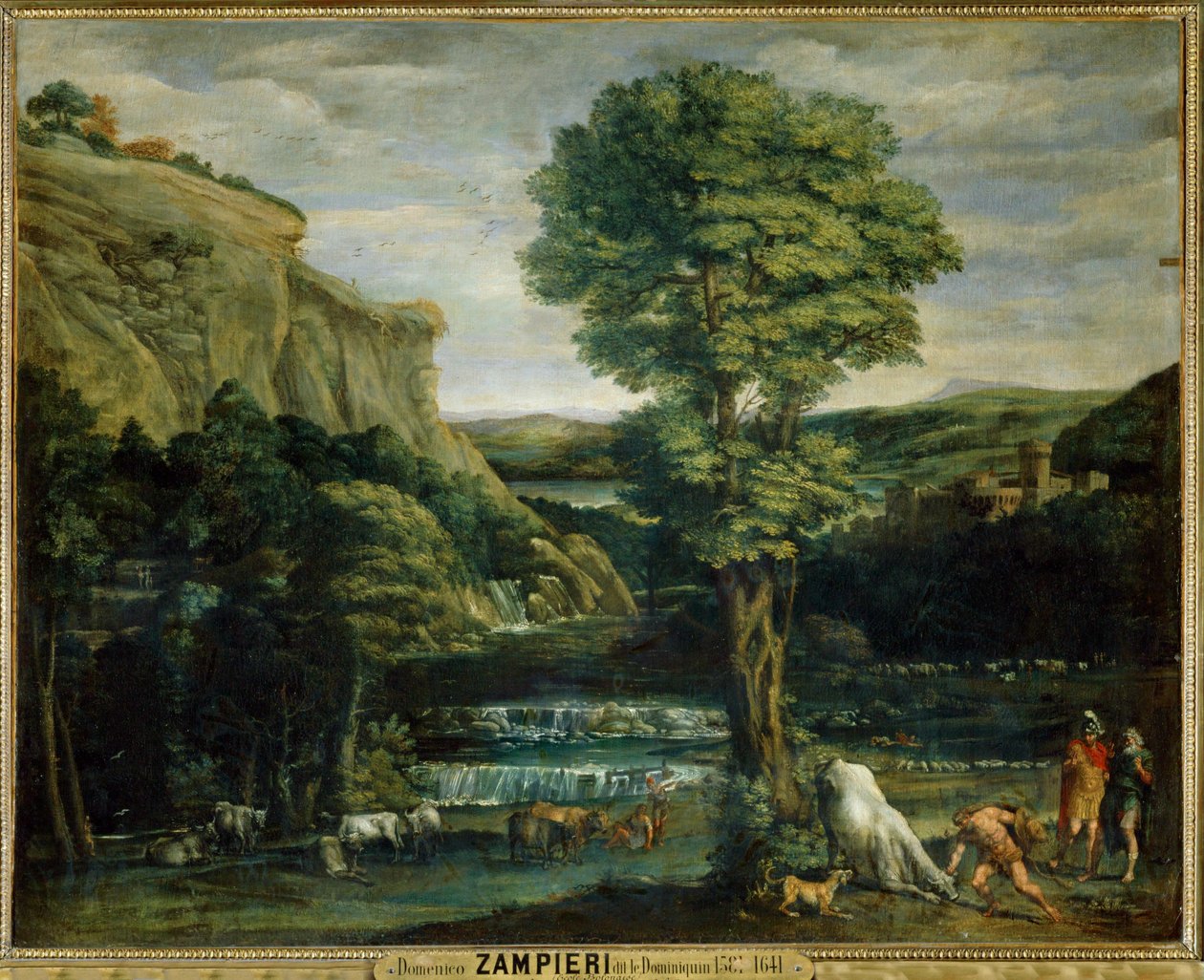 Landschaft mit Herkules, der Achelaos bekämpft, der in einen Stier verwandelt wurde von Domenichino (1581 1641)