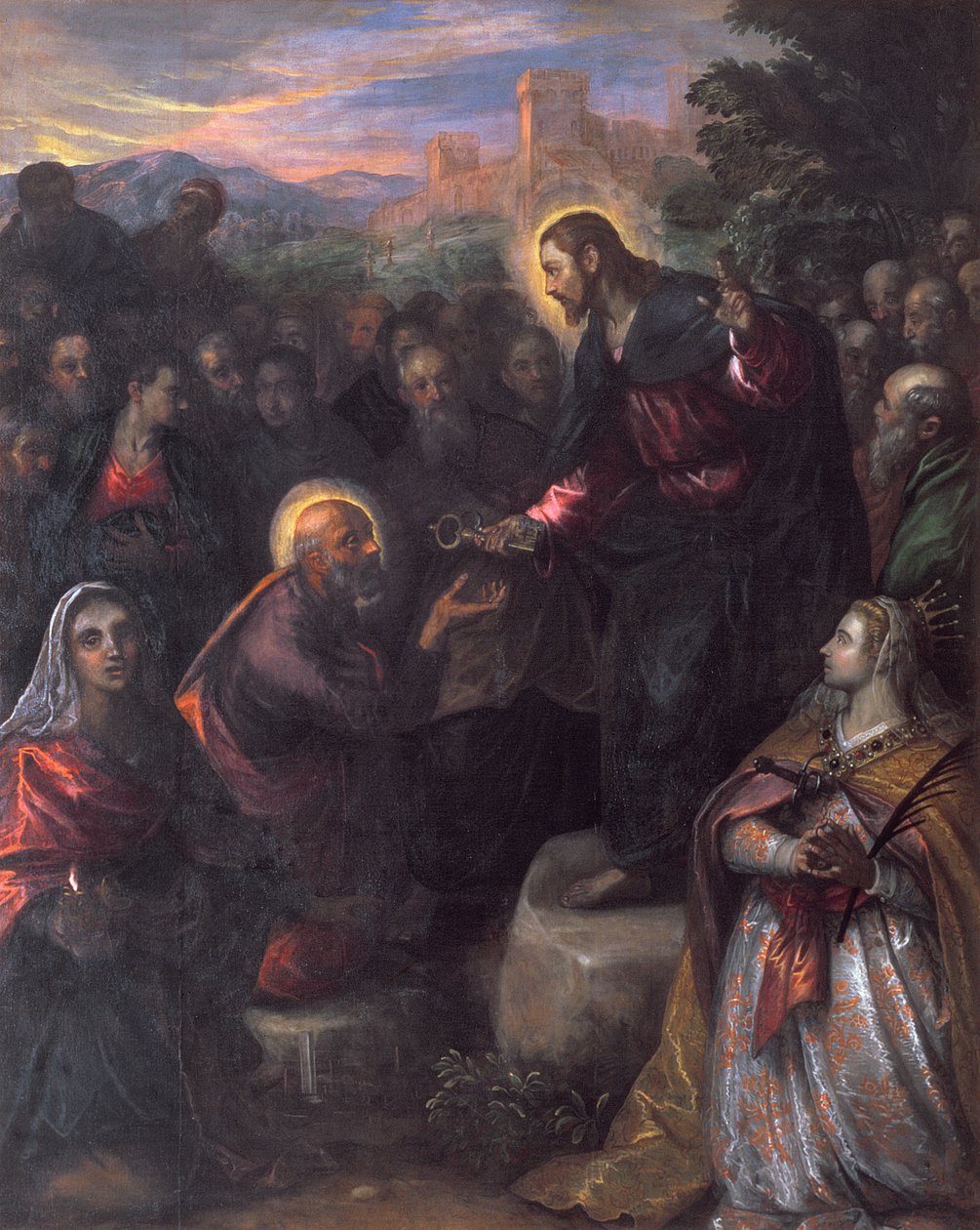 Christus übergibt die Schlüssel an St. Peter mit St. Jacinta und St. Justina von Padua von Domenico Robusti Tintoretto