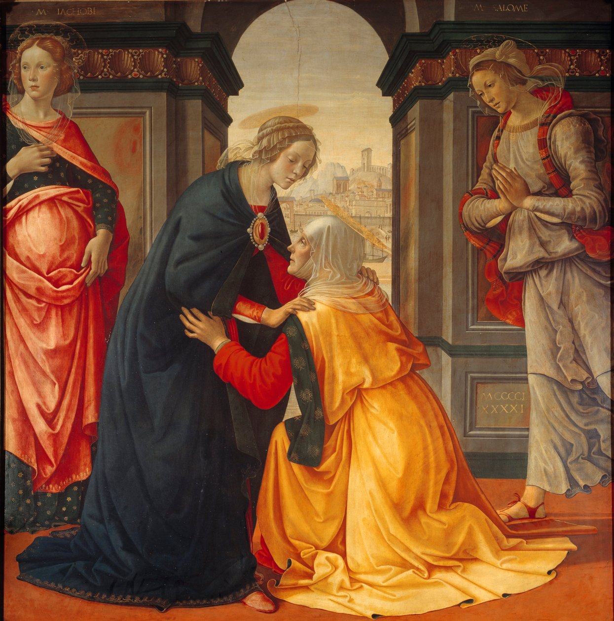 Heimsuchung: Die Jungfrau Maria besucht Elisabeth, zwischen Marie Jacobie und Marie Salome, Zeugen der Kreuzigung und Auferstehung, Gemälde von Domenico Ghirlandaio (1449-1494) 1491 von Domenico Ghirlandaio