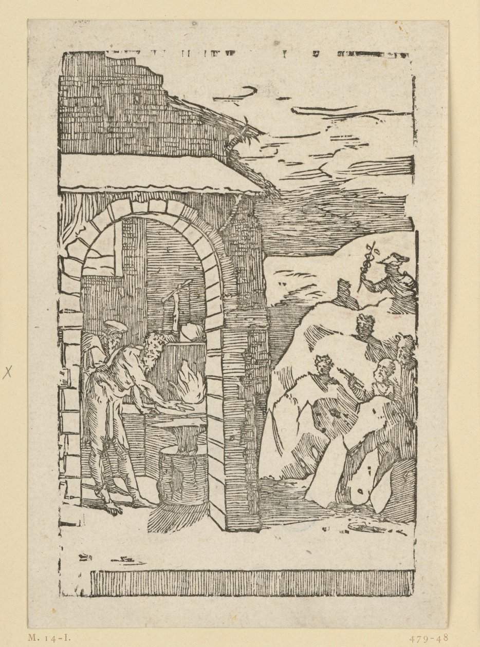 Der Ruf der Metalle. Hephaistos (Vulkan) und ein Gelehrter am Feuer einer Schmiede, während draußen in den Felsen die Götter (als Repräsentanten der Metalle) versteckt sind: Saturn (Blei), Jupiter (Zinn), Venus (Kupfer), Luna (Silber), Merkur (Quecksilber) von Domenico Beccafumi