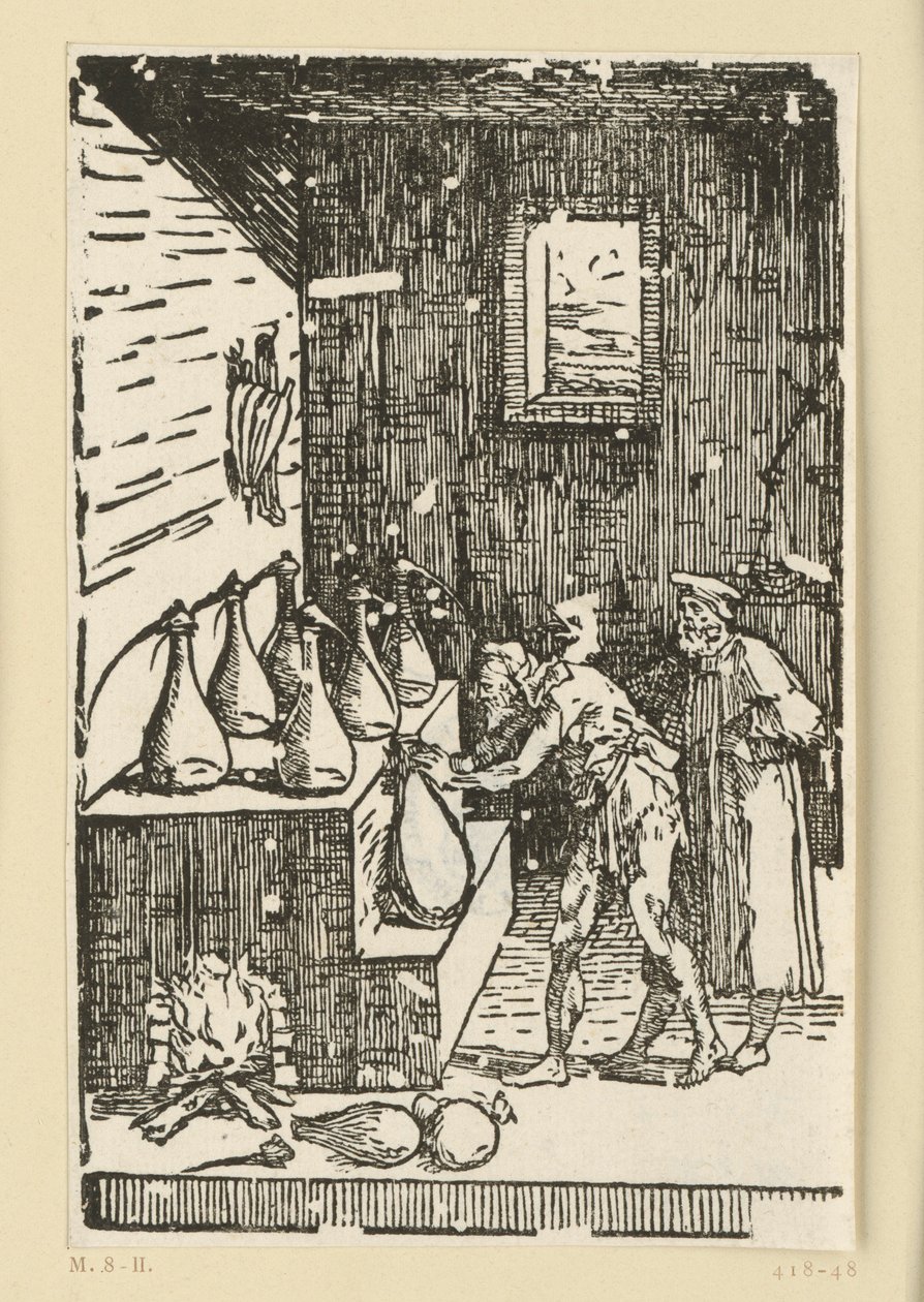 Die Destillation durch den Chemiker oder Alchemisten. Aus der Folge "De re metallica" von Domenico Beccafumi