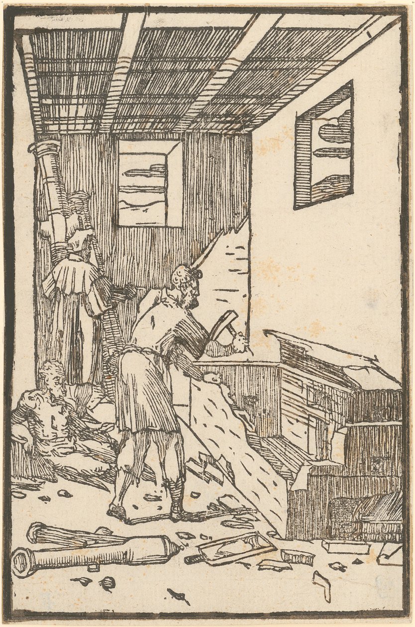 Nach dem Misserfolg wird der zerstörte Ofen abgerissen, Blatt 6 der Folge "De la Pirotechnia" von Domenico Beccafumi