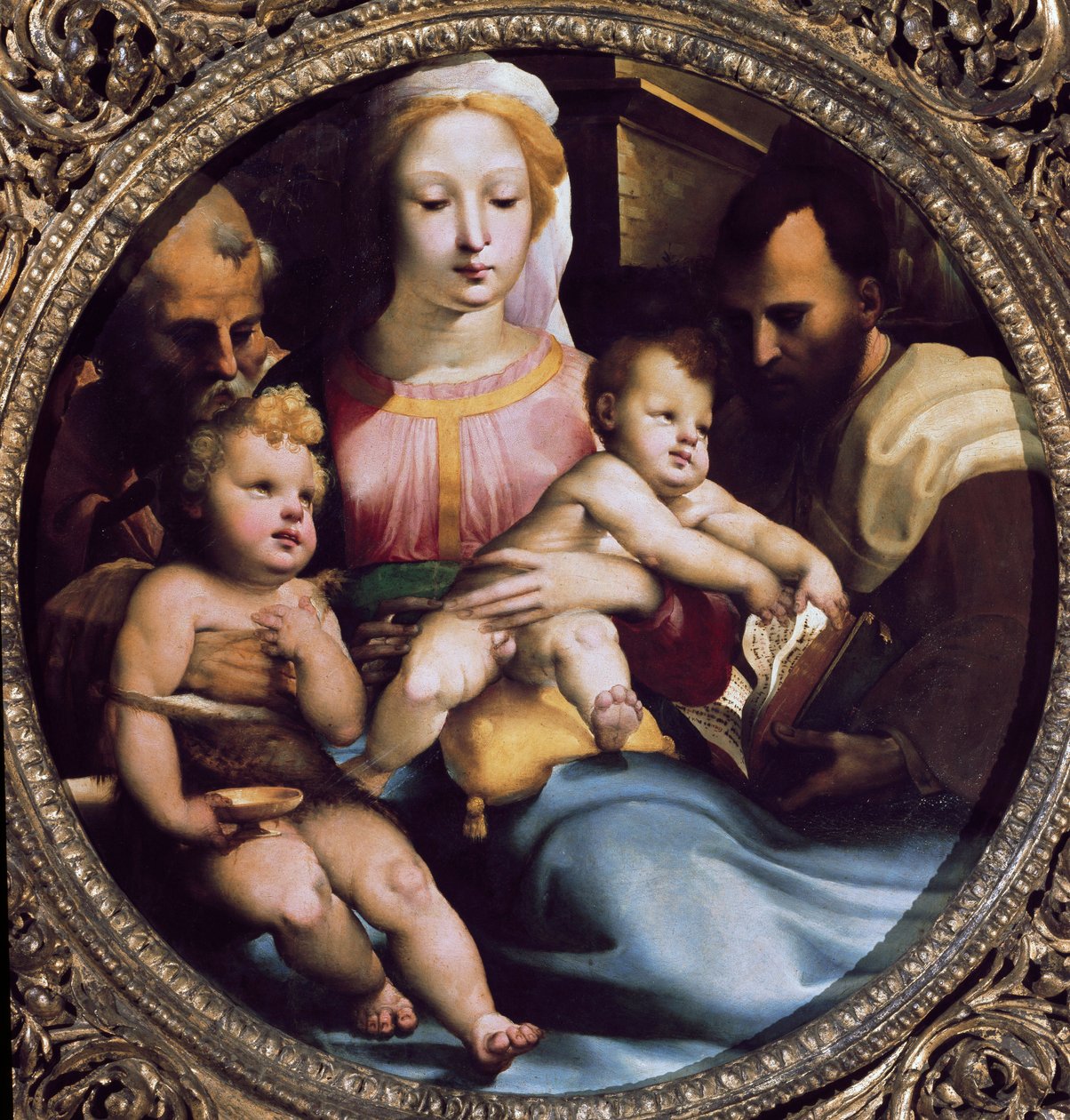 Tondo, das die Heilige Familie mit Johannes dem Täufer und einem Stifter darstellt von Domenico Beccafumi