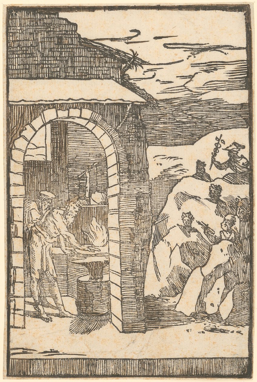 Vulkan und der Philosoph (Teoria) arbeiten in der Schmiede, während draußen die Metalle sich in den Felsen verstecken, Blatt 1 der Folge "De la Pirotechnia" von Domenico Beccafumi
