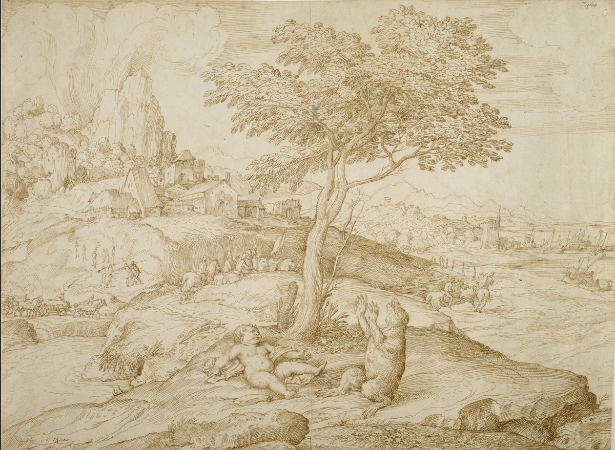 Callistos Verwandlung in einen Bären nach der Geburt von Arcas, ca. 1558 von Domenico Campagnola