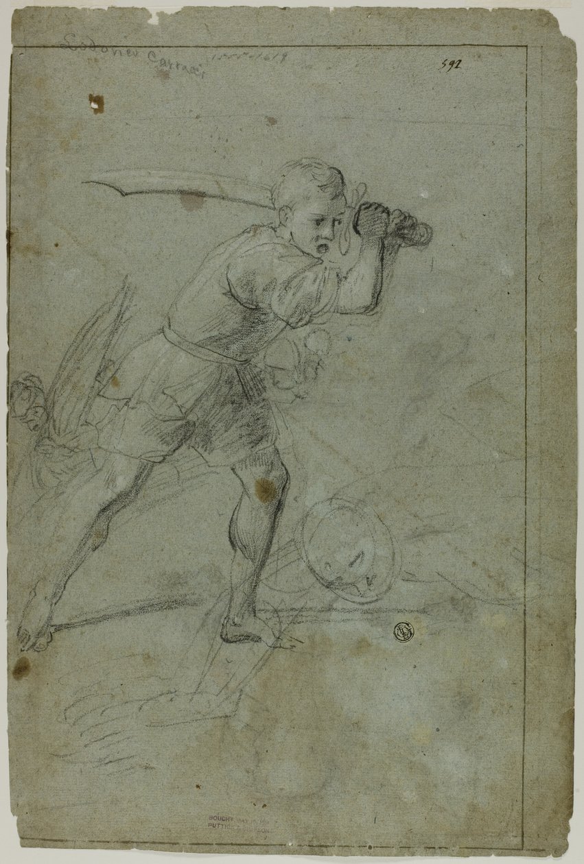 David enthauptet Goliath (recto); Skizze einer bekleideten weiblichen Figur mit erhobenem rechten Arm (verso) von Domenico Fiasella
