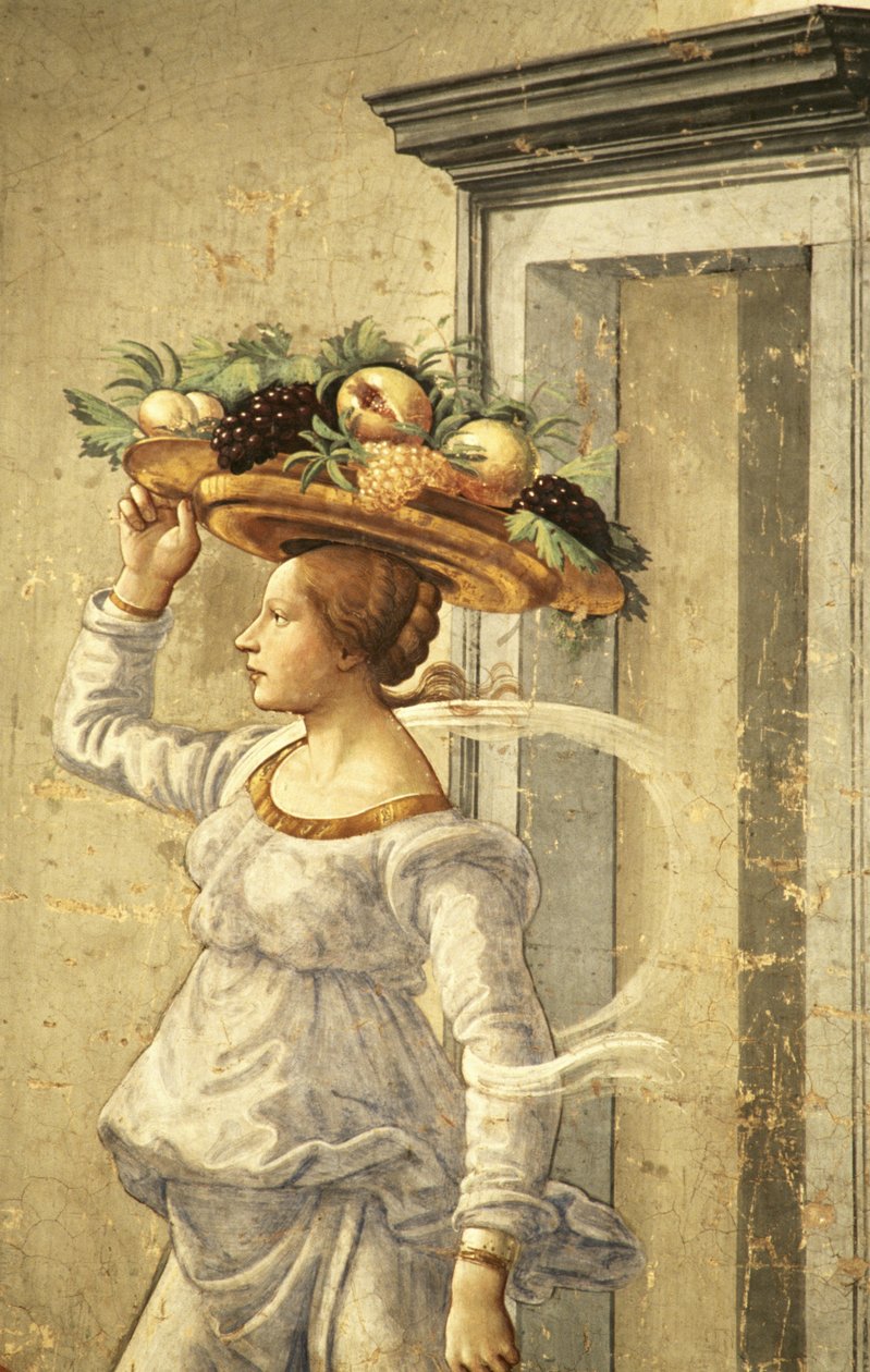 Frau trägt Obst, aus der Geburt von Johannes dem Täufer von Domenico Ghirlandaio