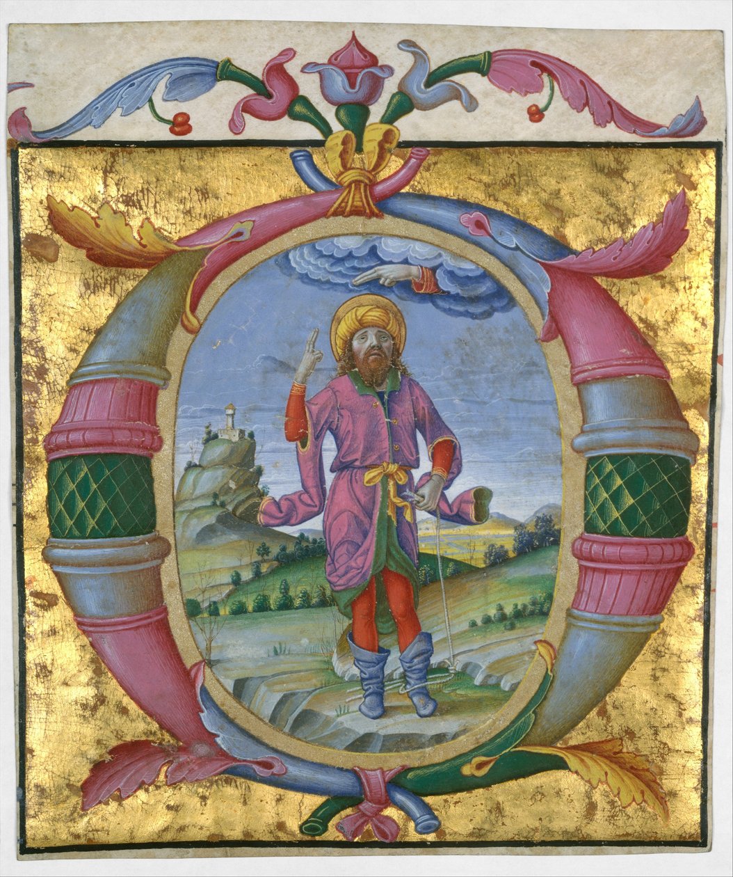 David mit seinem Fuß in einer Schlinge in einem Initial O von Domenico Morone