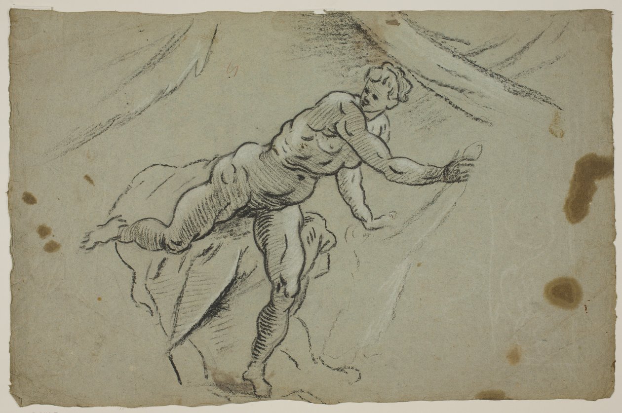 Nackte Frau mit einem Stück Stoff in den Händen, die hastig ein Zelt verlässt von Domenico Tintoretto