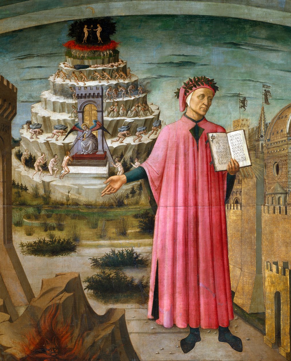 Dante Alighieri hält sein Gedicht die Göttliche Komödie. Neben ihm die Hölle und die Stadt Florenz, im Hintergrund das Fegefeuer und das Paradies von Domenico di Michelino