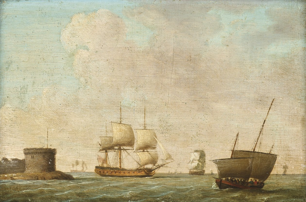 Fregatte passiert einen überfüllten Lugger von Dominic (attributed to) Serres