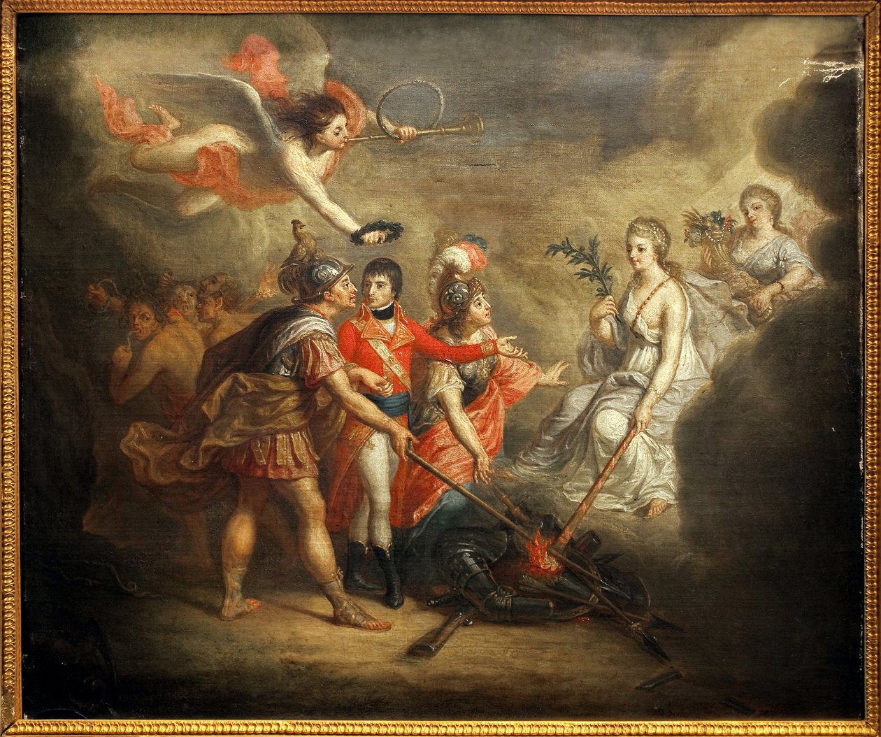 Der Frieden von Amiens. Vertrag unterzeichnet am 25. März 1802 zwischen dem Vereinigten Königreich und seinen Verbündeten dem Osmanischen Reich einerseits und Frankreich, Spanien und Holland andererseits. Das Gemälde zeigt Napoleon I. Bonaparte, gekrönt vo von Dominique Doncre