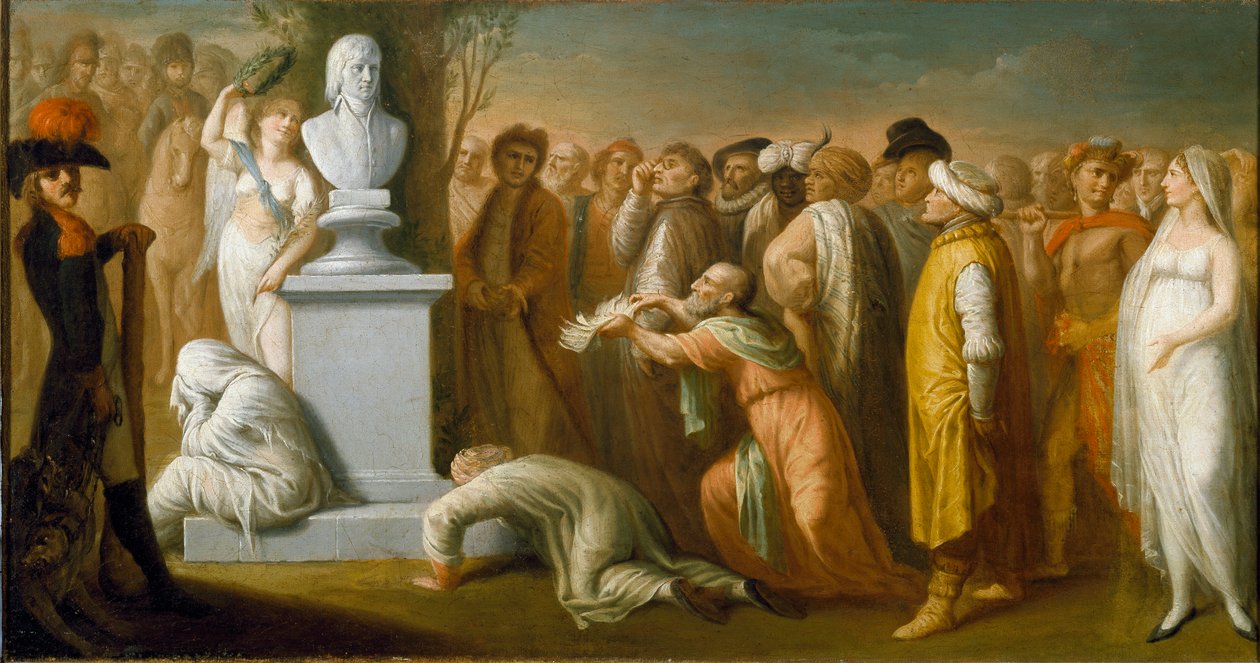Kampagne (Expedition) von Ägypten (1798-1801): Die Rückkehr von Napoleon Bonaparte (1765-1821) aus Ägypten im Oktober 1799, allegorische Darstellung von General Napoleon, siegreich bei seiner Rückkehr aus Ägypten, symbolisiert durch seine Marmorbüste, die  von Dominique Vivant Denon
