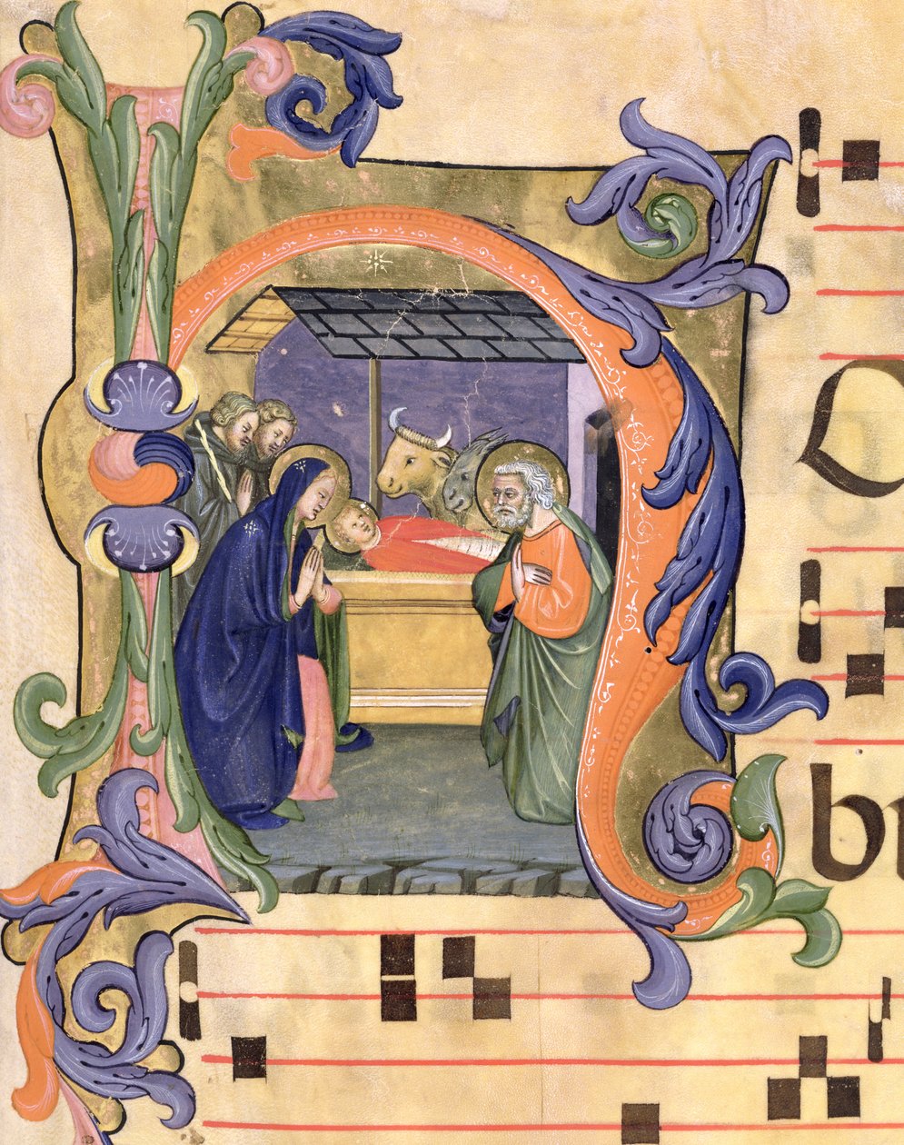Ms 571 f.6r Historisierte Initiale 'H' darstellend die Geburt Christi ...