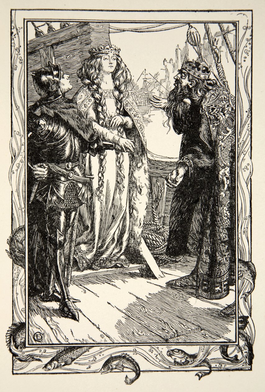 König Anguish gibt Isolt an Sir Tristram, Illustration aus 