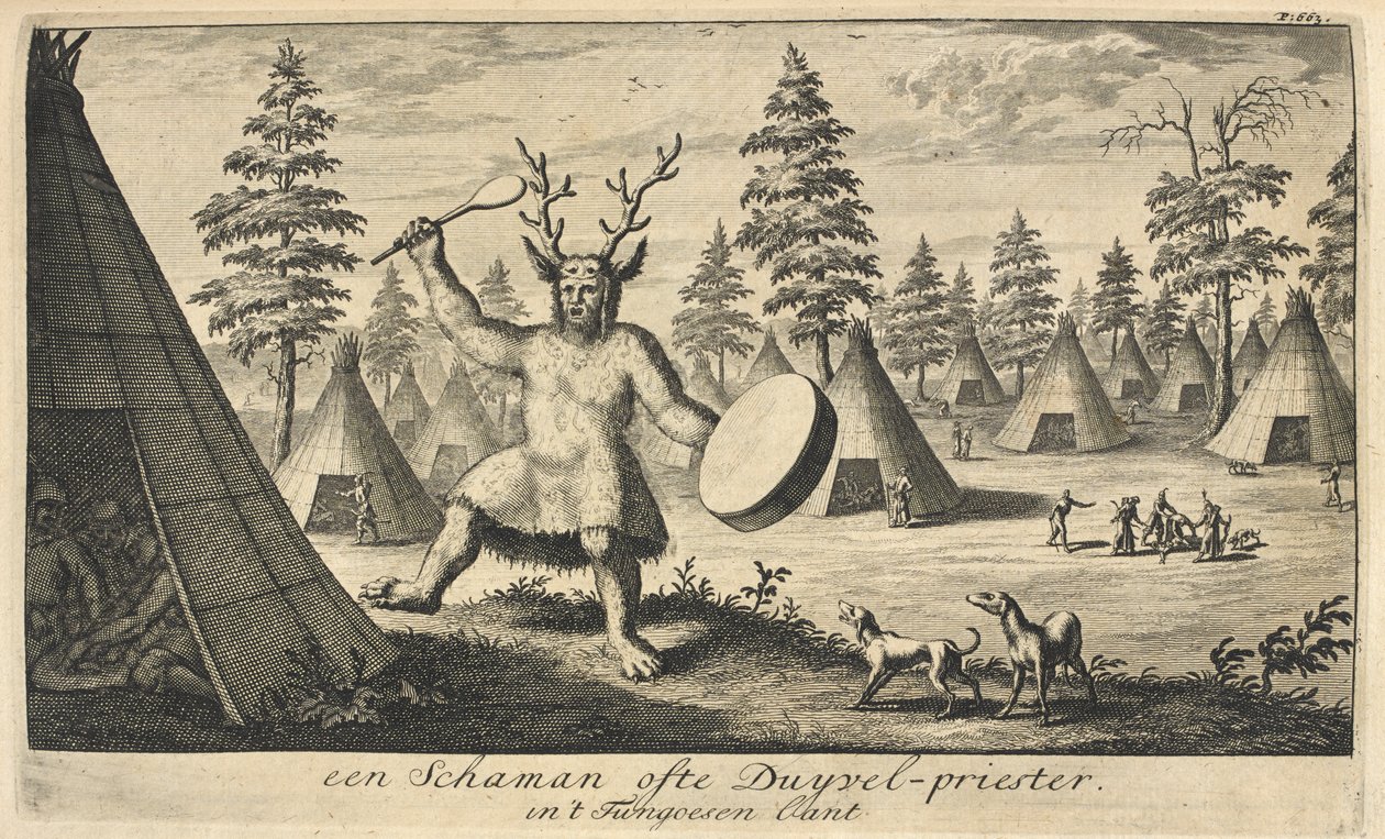 Ein Schamane mit einem Kopfschmuck aus Rentiergeweihen, in einem sibirischen Dorf, veröffentlicht in Amsterdam von Dutch School
