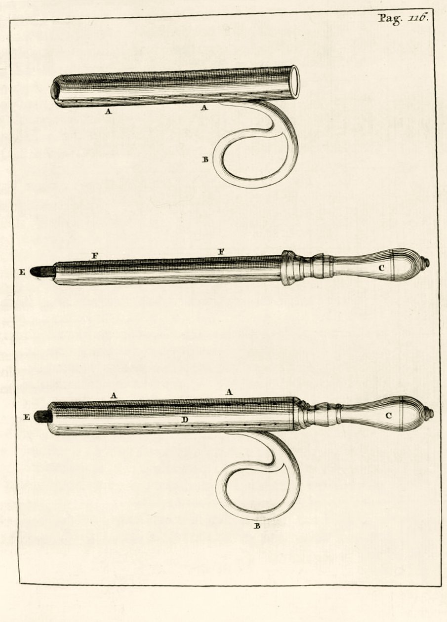 Eine Auswahl von Abszess-Spritzen, aus Exercitationes Practicae circa Medendi Methodum von Frederik Dekkers, 1694 von Dutch School