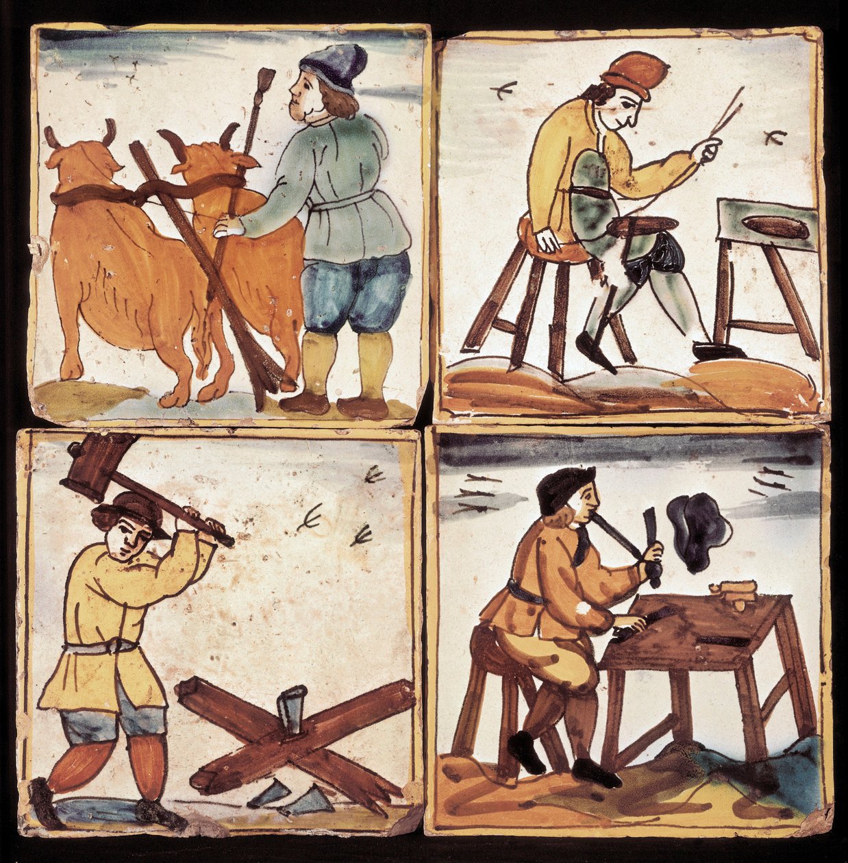 Azulejos-Panel: Darstellung von Berufen, Bauernarbeit, Säger, Holzspalter und Pfeifenmacher (Keramik) von Dutch School