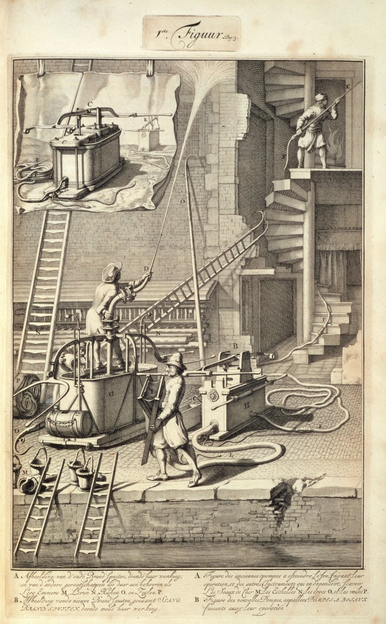 Feuerlöschmaschinen, aus einem Buch über die Brandbekämpfung in Holland, veröffentlicht um 1700 von Dutch School