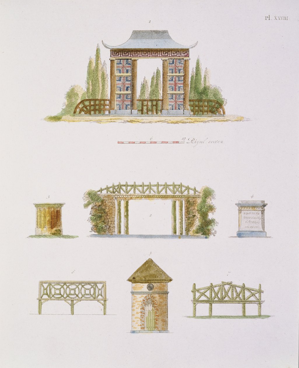 Gartendekorationen, aus Magazin der Gartenschätze, von G. van Laar, veröffentlicht 1802 von Dutch School