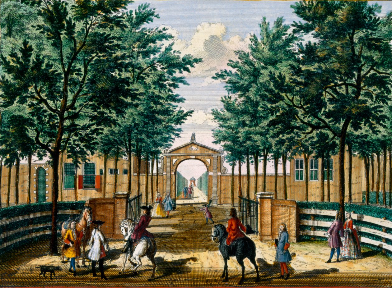 Gärten des Lustschlosses von Francois van Haringkaspel, aus Het Zeganpralent Kennemerlant von Hendrick de Leth und Matthias Brouerius Van Nidek, veröffentlicht um 1700-1730 von Dutch School