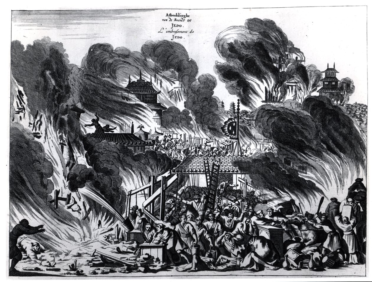 Großes Feuer in Yedo (Tokio) im 17. Jahrhundert, Illustration aus dem Bericht von Arnold Montanus über die Botschaften der Niederländischen Ostindien-Kompanie an den Kaiser von Japan, veröffentlicht in Amsterdam 1680 von Dutch School