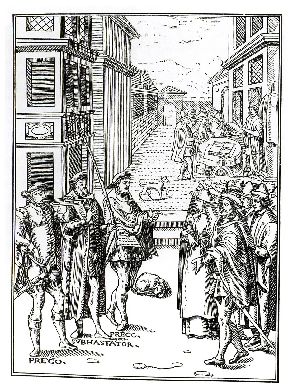 Verkauf durch den Stadtschreier, nach einem Holzschnitt in Praxis Rerum Civilium von Joos de Damhouder (1507-81) veröffentlicht in Antwerpen, 1557 von Dutch School