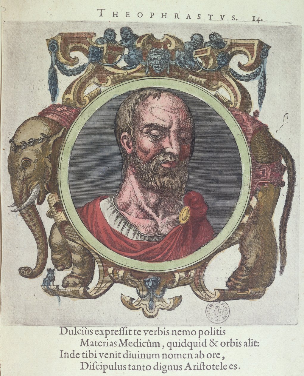 Theophrastos (ca. 372-287 v. Chr.), Illustration aus Veterum et Recentium Medicorum Philosophorumque Icones von Johannes Sambucus (1531-84), veröffentlicht von Plantin in Leyden 1603 (Farbstich) von Dutch School