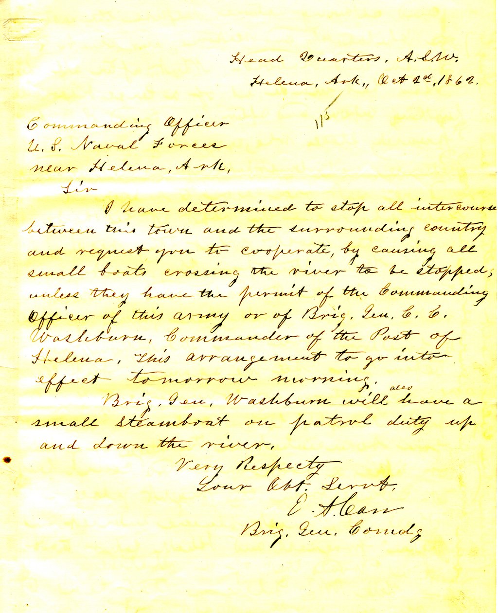 Brief von E. A. Carr, Helena, Arkansas, an den kommandierenden Offizier der U. S. Naval Forces in der Nähe von Helena, Arkansas, 2. Oktober 1862 von E.A. Carr