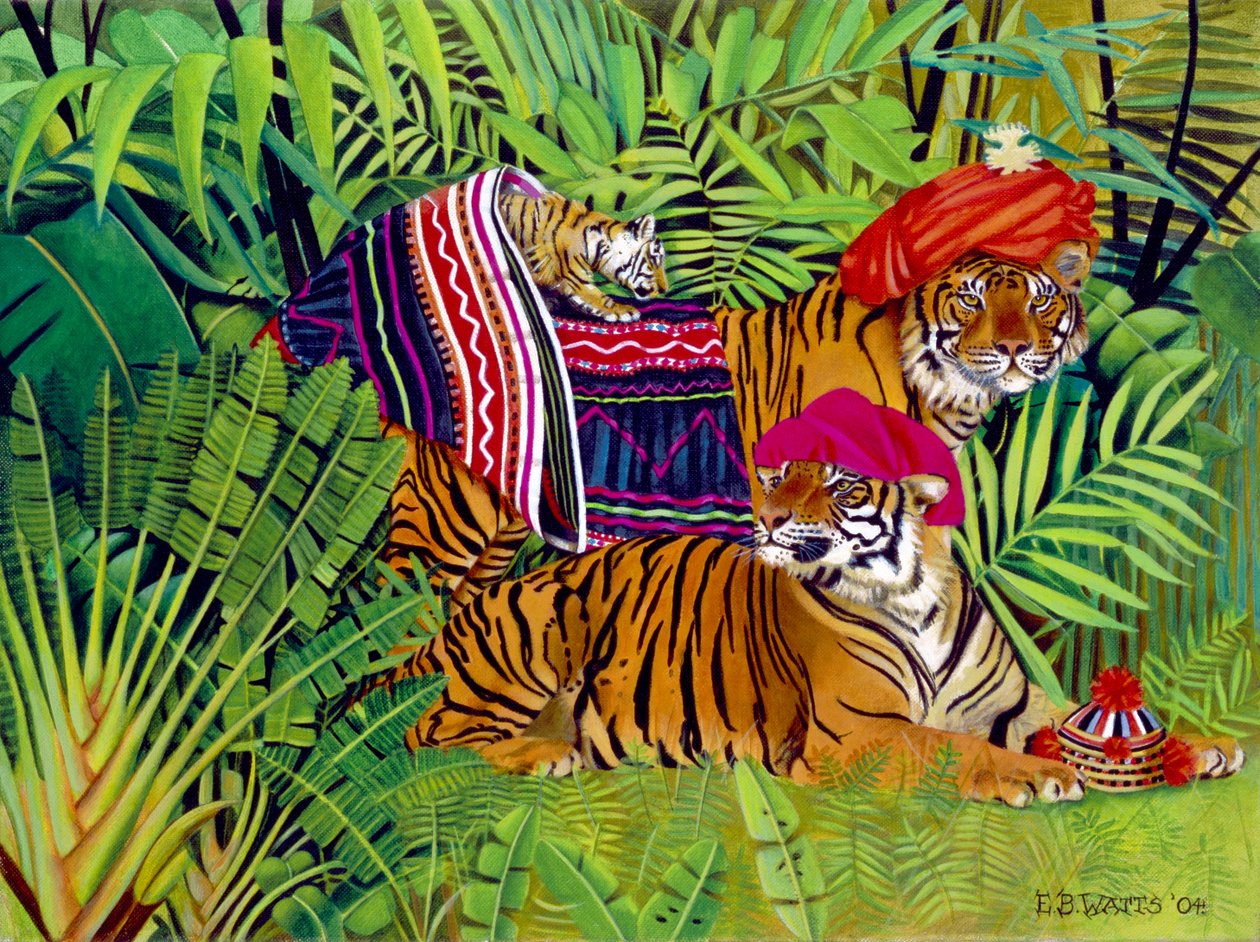 Tigerfamilie mit thailändischer Kleidung, 2004 von E.B. Watts