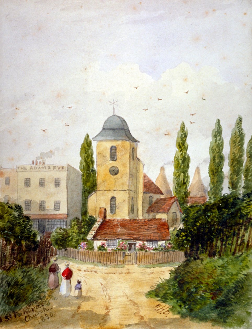 St Pancras Old Church und die Adam and Eve Tavern, London, 1830 von EH Dixon
