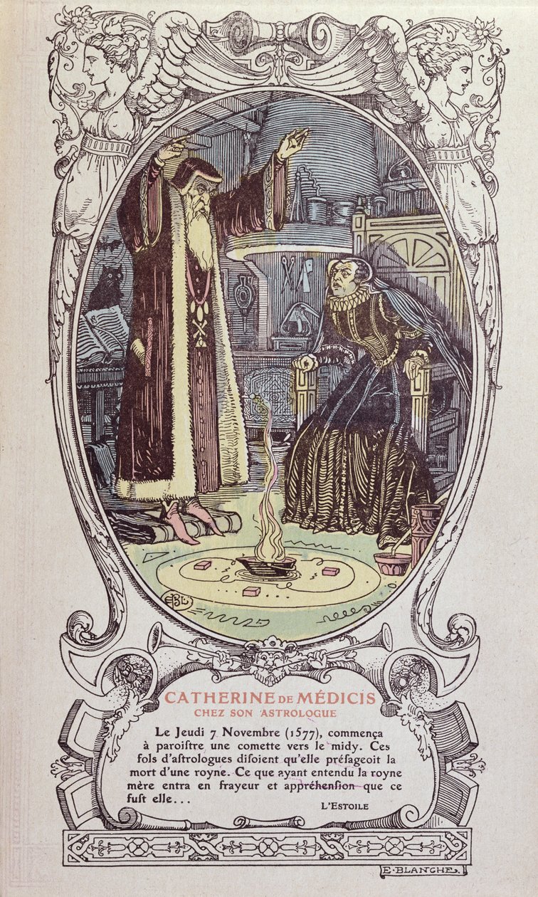 Der Astrologe, Cosimo Ruggieri, sagt den Tod einer Königin für Catherine de Medici im Jahr 1577 voraus, aus einem Almanach von E. Blanche