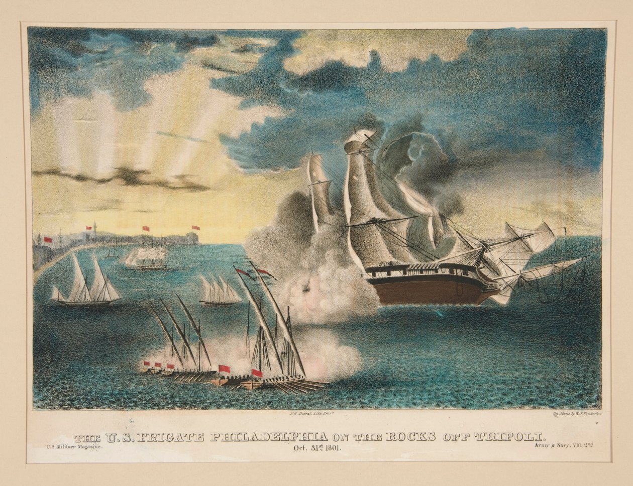 Die US-Fregatte Philadelphia auf den Felsen vor Tripolis (Aus dem U.S. Military Magazine Army and Navy, Vol. II) von E. J. Pinkerton